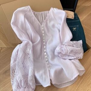 Lavender Lace Sleeve V Neck Blouse